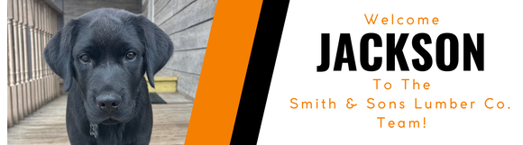Black dog standing on a wooden deck with text welcoming Jackson to the Smith & Sons Lumber Co. team.